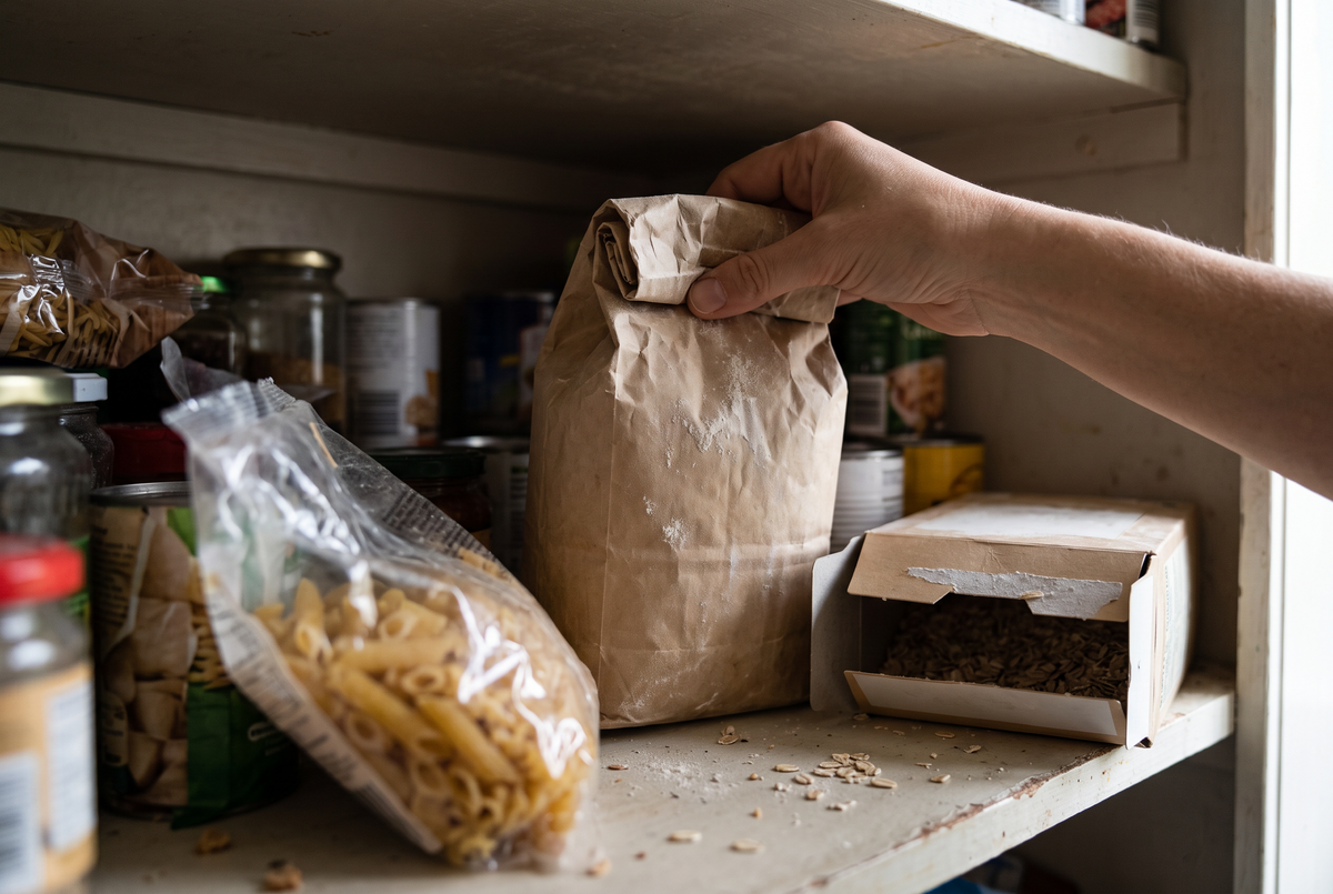 Hand som tar fram en gammal öppnad mjölpåse längst in i skafferiet