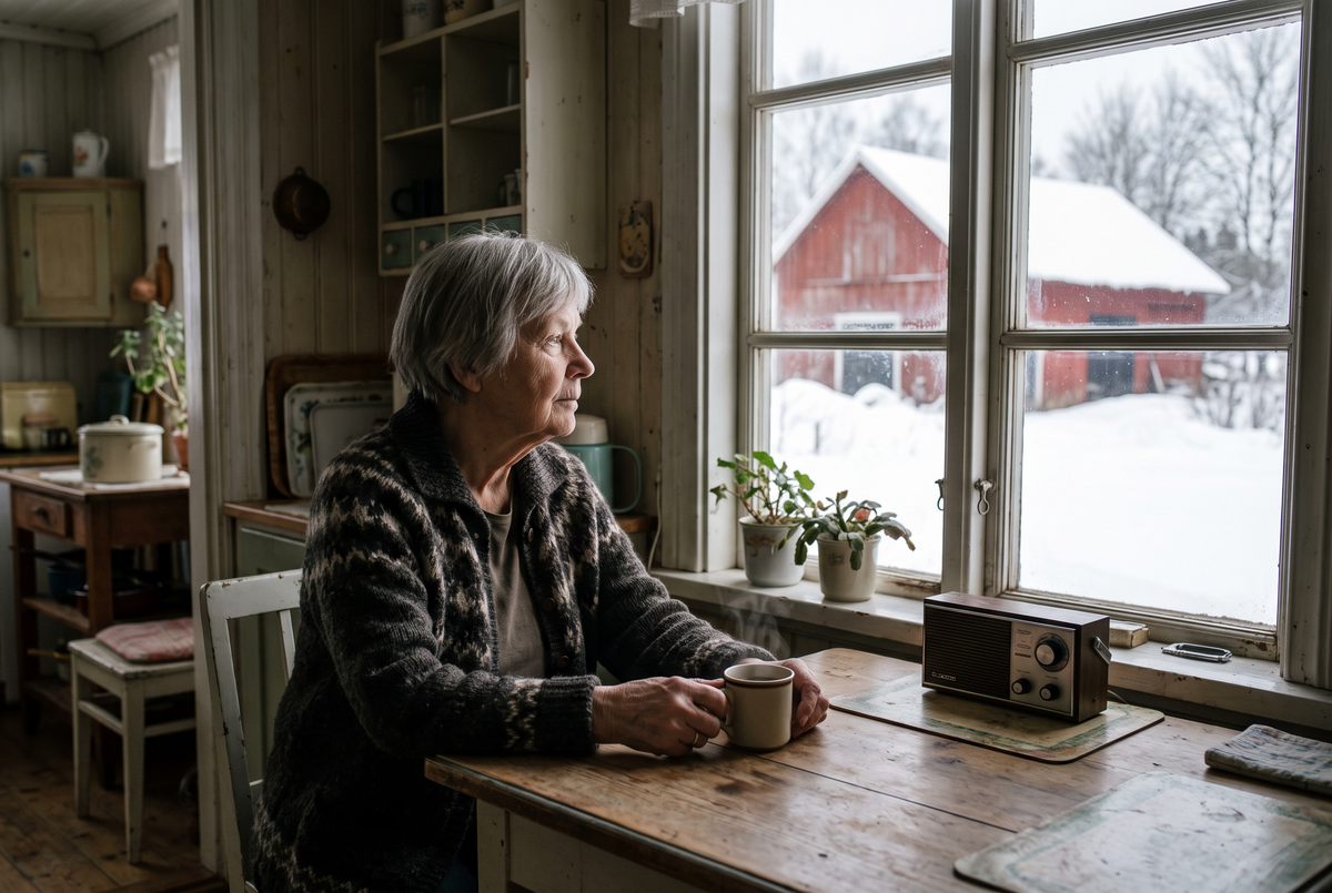 Äldre kvinna vid köksbordet i ett hus på landet en vinterdag