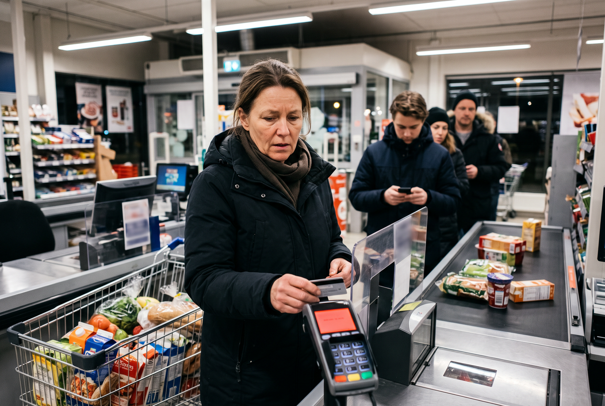 Kvinna i en butikskassa där kortbetalningen inte går igenom