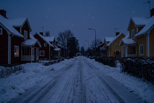 Släckt villagata i snö under ett strömavbrott