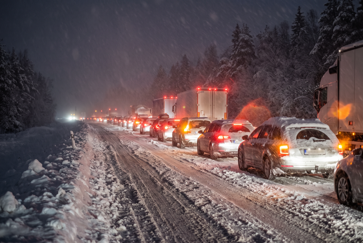 Bilkö som står still på en snöig motorväg i mörker