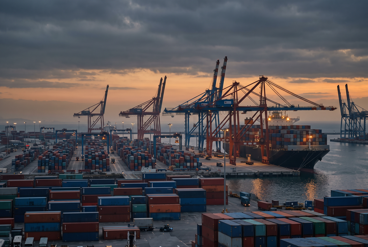 Containerhamn med kranar i skymningen