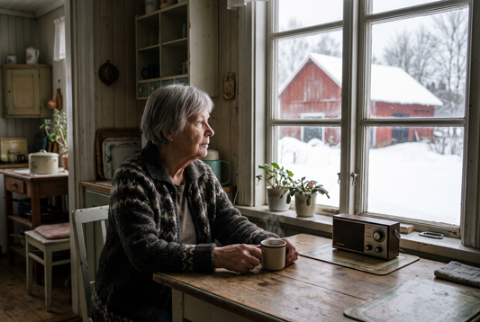 Äldre kvinna vid köksbordet i ett hus på landet en vinterdag