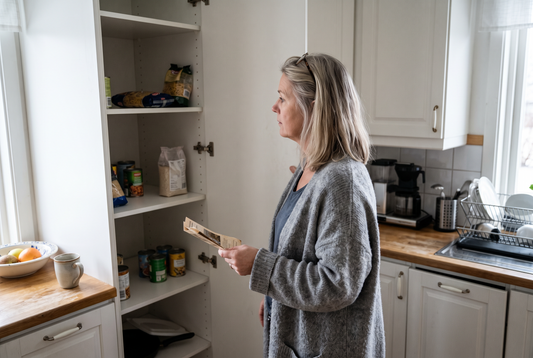 Kvinna står vid ett halvtomt skafferi i köket