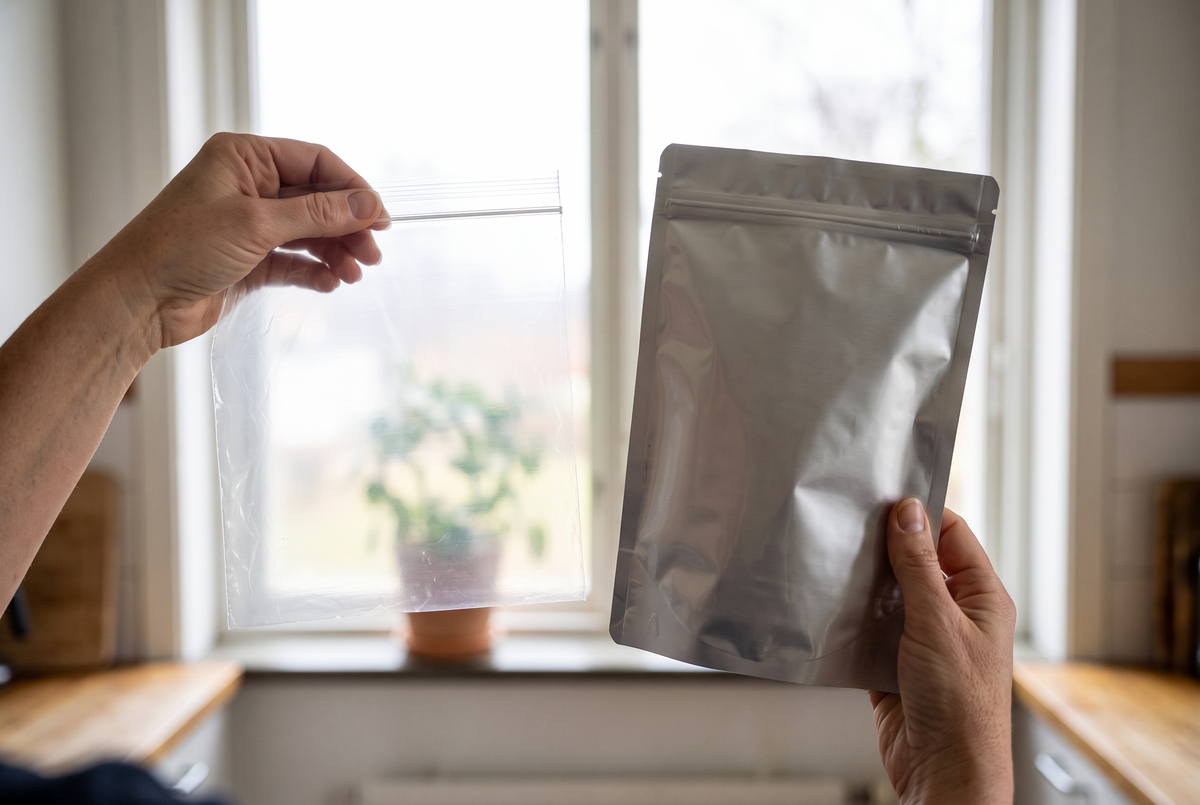 En vanlig plastpåse och en mylarpåse hålls upp mot fönstret. Ljuset går igenom plasten men inte mylaren.