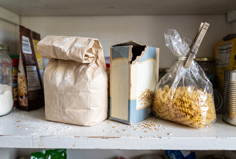 Öppnade förpackningar med mjöl, havregryn och pasta på en hylla