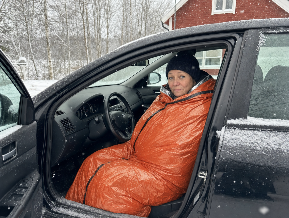 Samma kvinna inlindad i den orange nödsovsäcken i bilen