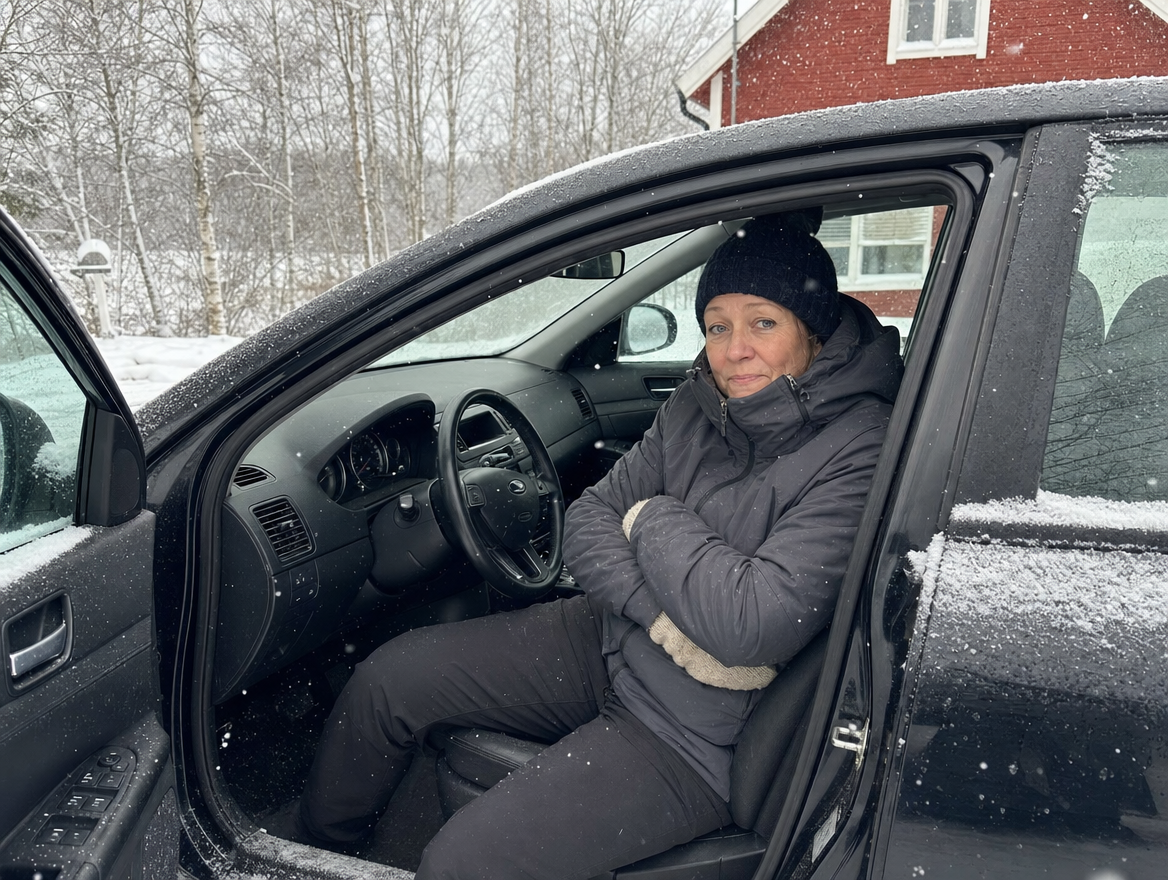 Frusen kvinna i bilens förarsäte en snöig dag – utan nödsovsäck