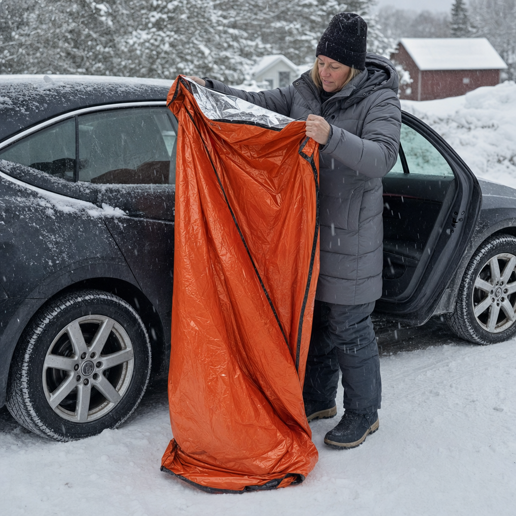 Kvinna vecklar ut den två meter långa nödsovsäcken vid bilen