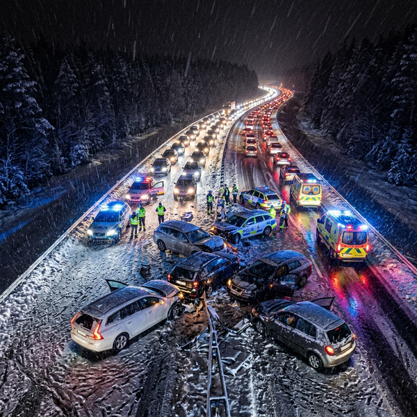 Flygbild över seriekrock på snöig motorväg i mörker