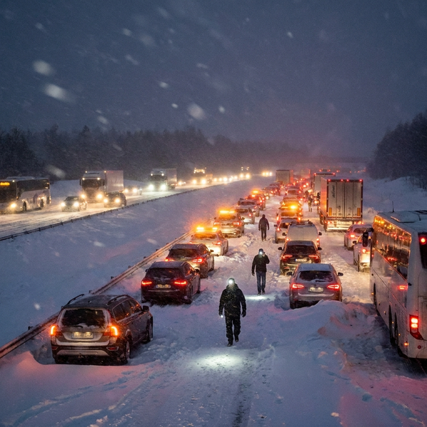 Strandsatta bilar i kö på motorväg under snöstorm i mörker