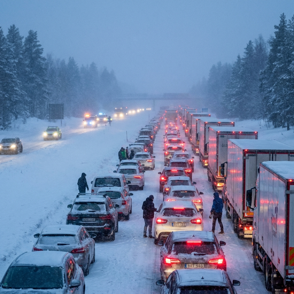 Lång kö av strandsatta bilar på snöig motorväg