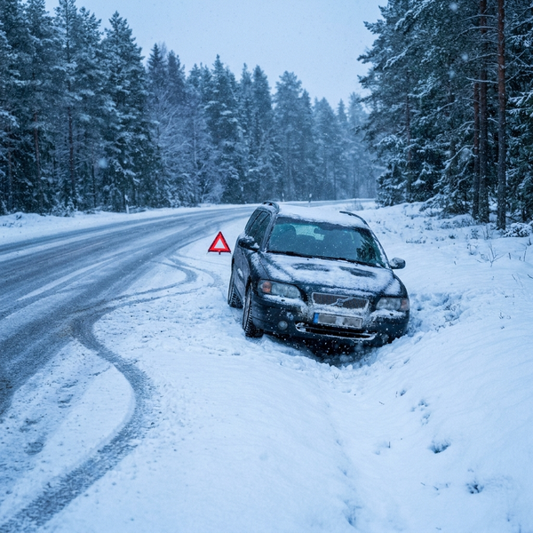 Bil i diket med varningstriangel i snön