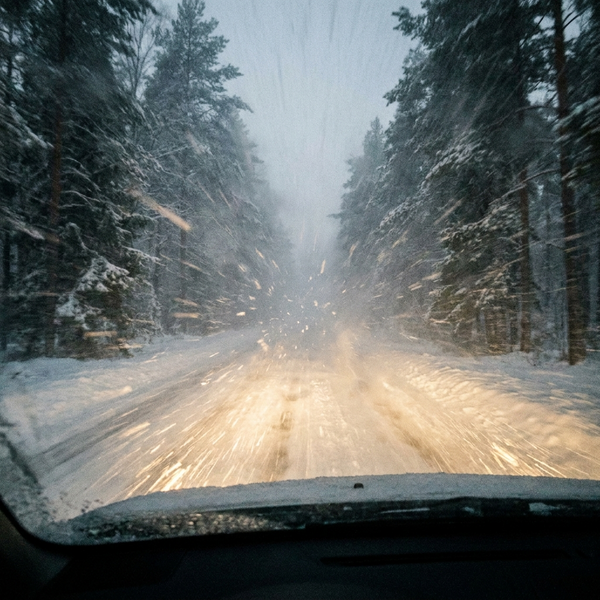 Snöyra på skogsväg i mörker